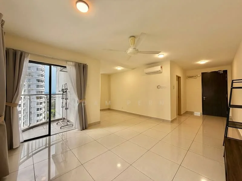 Living features: floor-to-ceiling windows, sliding glass door, cream painted walls, polished ceramic tile flooring, 5-blade ceiling fan, recessed downlights, air conditioning unit, balcony with city view, open layout, neutral decor, built-in shelving unit; style: modern; view: city.