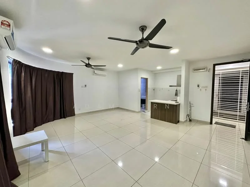 Living features: white painted walls, glossy tile flooring, 2 ceiling fans, recessed downlights, large windows with sheer curtains, open layout, kitchenette with countertop, air conditioning unit; style: modern.