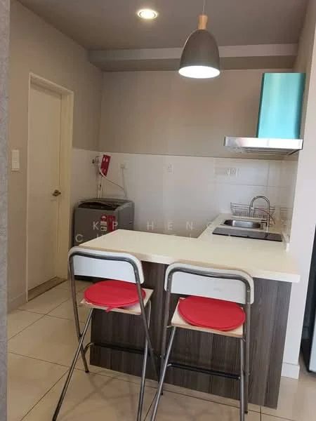 Kitchen features: white painted walls, grey ceiling, white countertop, stainless-steel sink, chrome pull-down faucet, built-in stove with hood, grey cabinetry, bar seating with two stools, tile flooring, recessed downlights, washing machine, kitchen utensils on wall-mounted rack; style: modern.