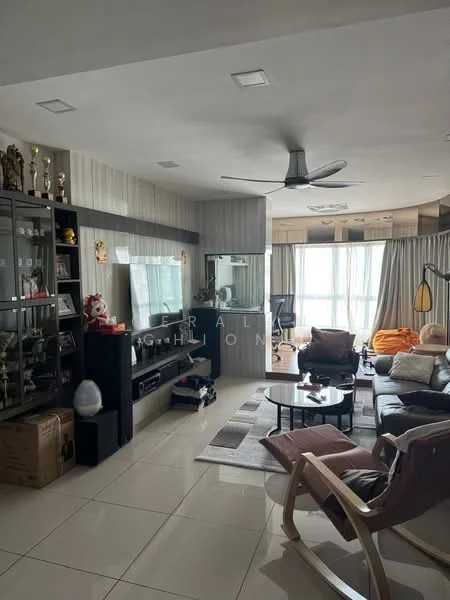 Living features: cream painted walls, grey accent wall, polished tile flooring, 5-blade ceiling fan with light, floor-to-ceiling windows, sheer curtains, black leather sofa, wooden rocking chair, coffee table, TV console, wall-mounted TV, decorative trophies, area rug, decorative wall art; style: modern; view: city.