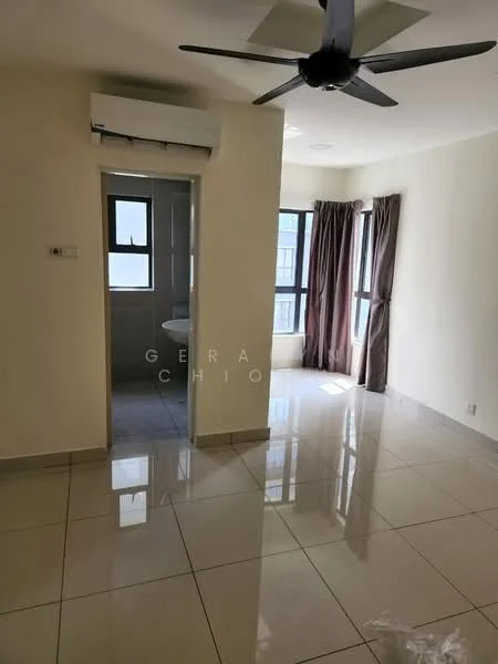 Room features: white painted walls, glossy ceramic tile flooring, 5-blade ceiling fan, 1 wall-mounted split AC, floor-to-ceiling windows, brown curtains, doorway leading to bathroom, natural light from windows; style: modern.