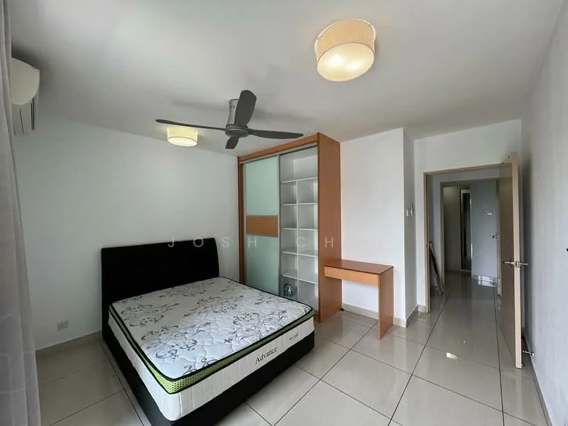 Bedroom features: queen-size bed with mattress, black upholstered bed frame, 2 ceiling lights, 5-blade ceiling fan, white painted walls, glossy tile flooring, built-in wardrobe with glass doors, wooden study desk, doorway leading to hallway, air conditioning unit; style: modern.