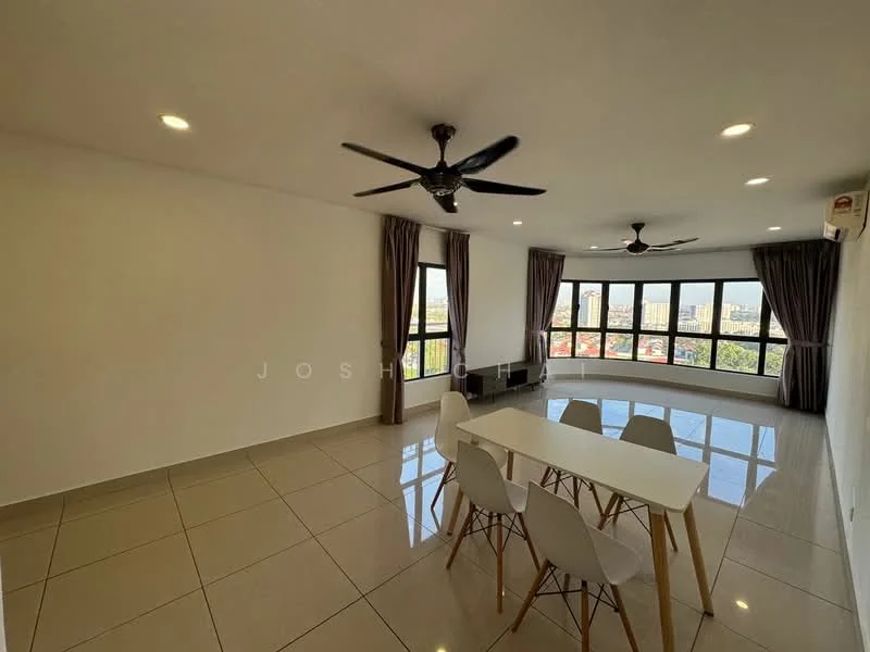 Living features: white painted walls, glossy tile flooring, 5-blade ceiling fan with light, 5-blade ceiling fan, floor-to-ceiling windows, sheer curtains, dining table with white surface, 4 white dining chairs, city view, recessed downlights; style: modern; view: city.