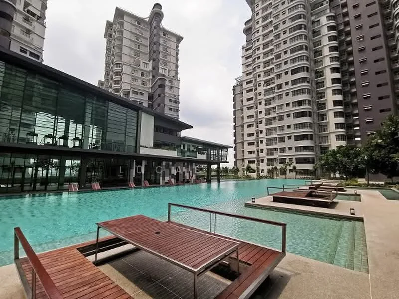 Exterior type: high-rise condominium; features: infinity pool, pool deck with loungers, glass curtain wall facade, surrounded by landscaped gardens, multiple high-rise buildings, outdoor seating area, manicured lawn, tropical landscaping; style: modern.