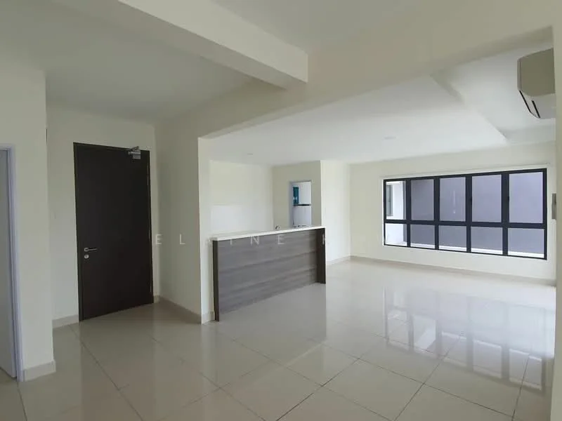 Living features: white painted walls, glossy ceramic tile flooring, floor-to-ceiling windows, air conditioning unit, open layout, neutral color scheme, recessed downlights, kitchen island with bar seating; style: modern.