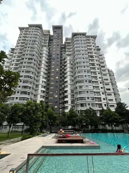 Exterior type: high-rise condominium; features: glass curtain wall, white painted facade, grey accent panels, recessed balconies, approximately 20-storey high-rise, manicured lawn, tropical landscaping, swimming pool with loungers, pool deck, surrounded by mature greenery; style: modern.