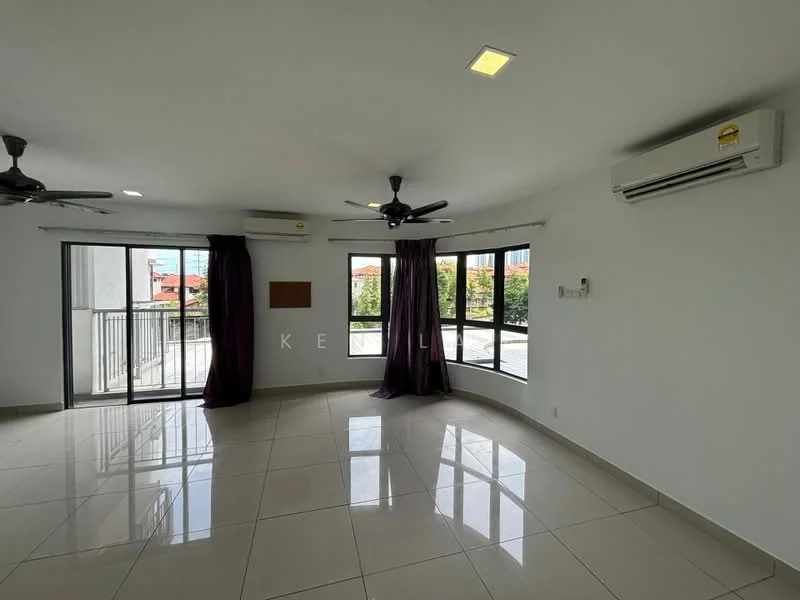 Living features: white painted walls, glossy ceramic tile flooring, 5-blade ceiling fan with light, 2 wall-mounted split AC units, floor-to-ceiling windows, sliding glass door, curtains in dark purple, recessed downlights; style: modern; view: garden.
