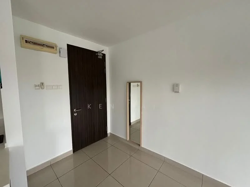 Room features: white painted walls, light grey floor tiles, dark wood door, full-length mirror, wall-mounted intercom, light switch, corner space, minimalist decor; style: modern.
