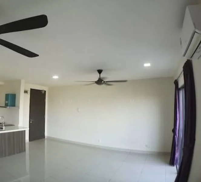 Room features: white painted walls, ceiling fan with 3 blades, recessed LED downlights, sliding glass door, floor-to-ceiling windows, grey tiled flooring, kitchenette with countertop, air conditioning unit; style: modern.