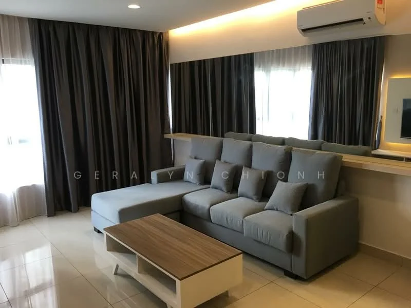 Living features: L-shape sectional sofa in grey, coffee table with wooden top, wall-mounted mirror, floor-to-ceiling windows, sheer curtains, blackout curtains, recessed downlights, wall-mounted split AC, cream painted walls, glossy tile flooring; style: modern.