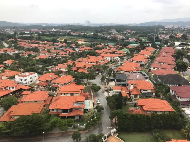 Exterior type: low-rise apartment block; features: red tiled roofs, manicured lawns, tree-lined streets, surrounded by greenery, residential neighborhood, multiple houses visible, well-maintained gardens, paved driveways; style: modern.