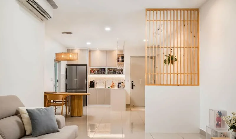 Living features: light grey fabric sofa, decorative throw pillow, wooden coffee table, wall-mounted air conditioning unit, recessed LED downlights, cream painted walls, glossy tile flooring, open layout to kitchen, wooden partition with plants, dining table with wooden legs, stainless-steel fridge, kitchen cabinetry with light grey finish; style: modern. Kitchen features: stainless-steel fridge, light grey cabinetry, white countertop, built-in oven, kitchen island, recessed LED downlights; style: modern.
