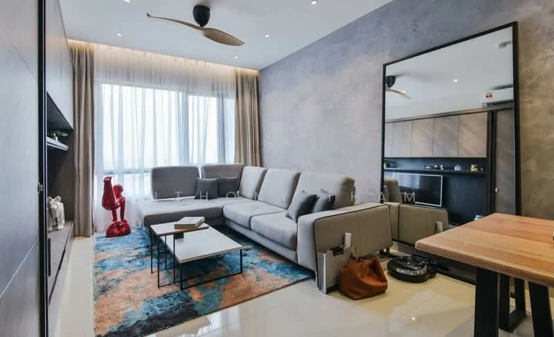 Living features: L-shape sectional sofa in grey, coffee table with black metal frame, area rug with geometric pattern, floor-to-ceiling windows with sheer curtains, wall-mounted TV, decorative mirror, ceiling fan with integrated light, wooden flooring, decorative sculpture in red, robot vacuum cleaner; style: modern.