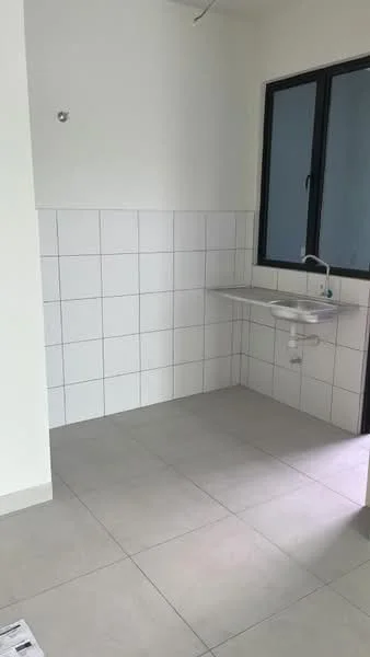 Laundry features: white tiled walls, grey floor tiles, single-bowl sink, wall-mounted faucet, window with black frame, plumbing visible under sink.