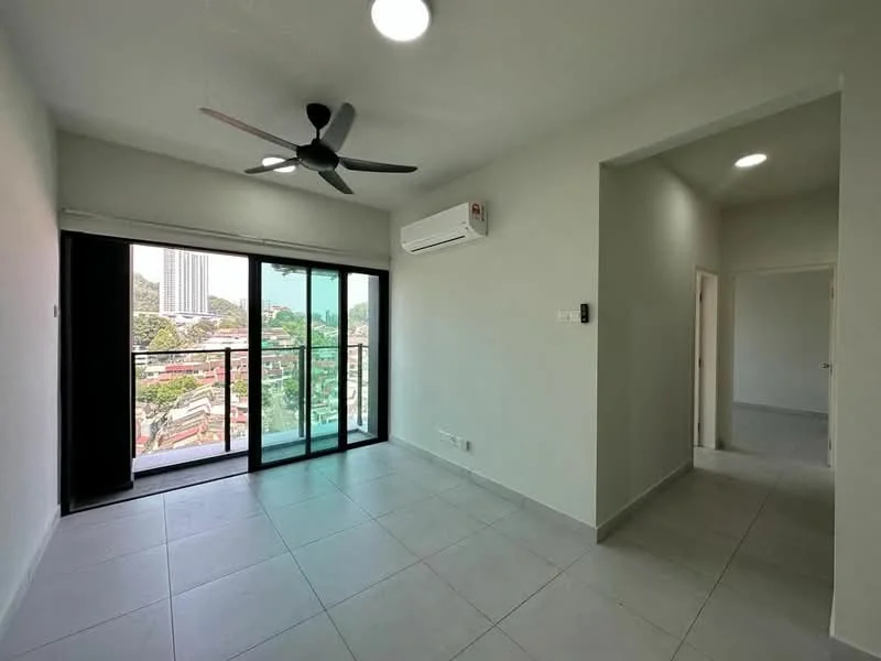 Living features: floor-to-ceiling windows, sliding glass door, 5-blade ceiling fan with light, wall-mounted split AC, white painted walls, tile flooring, natural light from windows, view of city skyline; style: modern; view: city. Room features: white painted walls, tile flooring, doorway leading to another room.
