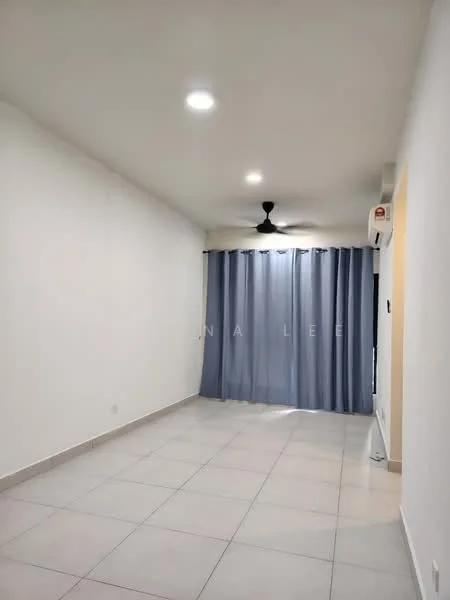 Living features: white painted walls, tile flooring, 5-blade ceiling fan, recessed downlights, floor-to-ceiling curtains, air conditioning unit, neutral color scheme; style: modern.