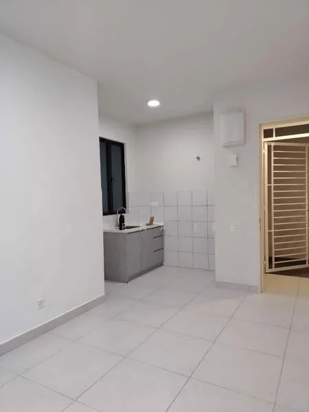 Kitchen features: white painted walls, grey cabinetry, single-bowl stainless-steel sink, chrome pull-down faucet, white tiled backsplash, grey countertop, built-in cabinets, recessed downlights, tile flooring, floor-to-ceiling window, open layout; style: modern.
