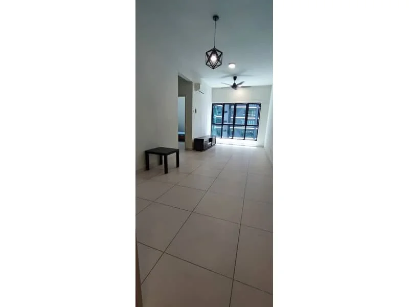 Living features: white painted walls, tile flooring, 5-blade ceiling fan with light, pendant light, floor-to-ceiling windows, sliding glass door, black coffee table, brown TV console, open layout; style: modern.