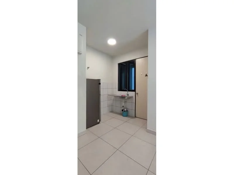 Laundry features: white painted walls, grey tiled flooring, single-bowl stainless-steel sink, wall-mounted faucet, window with black frame, door leading to another room, light fixture in ceiling; style: modern.