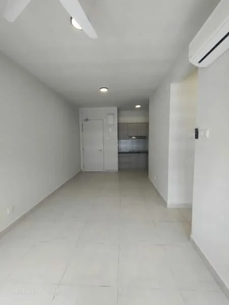 Living features: white painted walls, tile flooring, ceiling fan, recessed downlights, air conditioning unit, open layout to kitchen, doorway to hallway, neutral color scheme; style: modern. Kitchen features: kitchen cabinetry, countertop, wall-mounted cabinets, open layout, unknown appliances; style: modern.