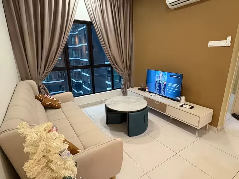 Living features: beige fabric sofa, round marble coffee table, TV console, wall-mounted TV, floor-to-ceiling windows, curtains in light brown, air conditioning unit, light-colored tiled flooring, decorative plant, remote control on table; style: modern; view: city.
