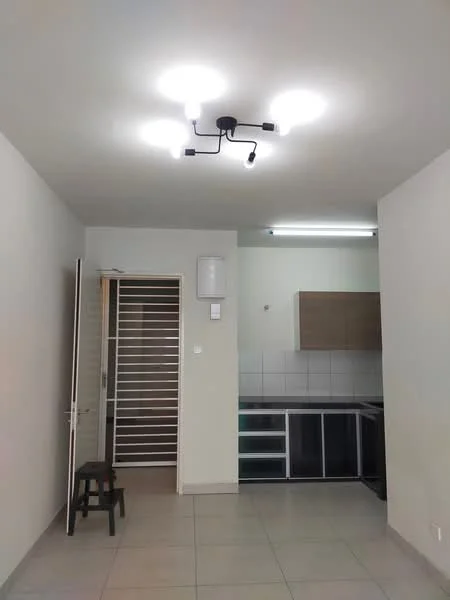 Room features: white painted walls, tile flooring, ceiling light fixture with multiple bulbs, kitchen cabinetry with wood finish, black countertop, open shelving, sliding door, stool, recessed lighting, kitchen area visible; style: modern.