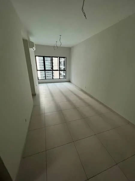 Room features: white painted walls, tile flooring, floor-to-ceiling windows, 2 air conditioning units, suspended ceiling with light fixtures.