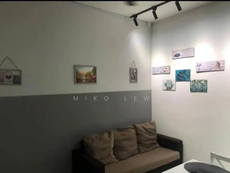 Living features: grey painted walls, white painted walls, sofa with beige upholstery, decorative wall art, track lighting, wooden flooring, coffee table, area rug; style: modern.