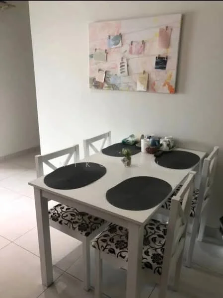 Dining features: white dining table, 4 white wooden chairs, black placemats, decorative table centerpiece, wall art with pastel colors, ceramic dishware, tablecloth with floral pattern, tiled flooring; style: modern.