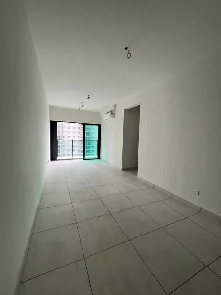 Living features: white painted walls, tile flooring, recessed downlights, floor-to-ceiling windows, sliding glass door, 1 wall-mounted split AC; style: modern; view: city.