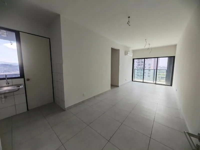 Living features: large floor-to-ceiling windows, sliding glass door, neutral painted walls, tile flooring, exposed ceiling with hanging light fixtures, wall-mounted split AC, open layout, city view from windows; style: modern; view: city.