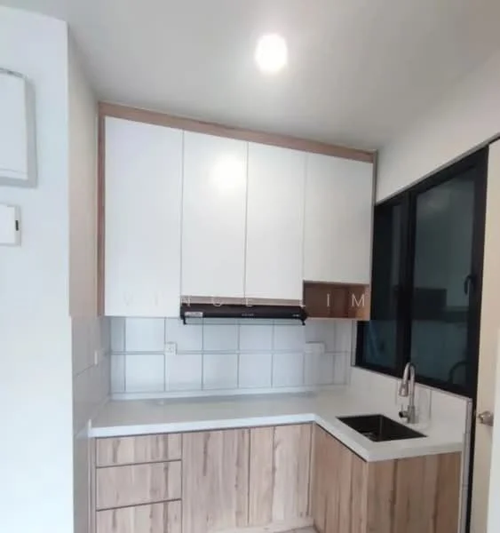 Kitchen features: white upper cabinets, wood lower cabinets, white countertop, stainless-steel sink, chrome pull-down faucet, tile backsplash, built-in range hood, window with black frame, recessed LED downlights, wall-mounted split AC; style: modern.