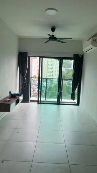 Living features: white painted walls, tile flooring, 5-blade ceiling fan, floor-to-ceiling windows, sliding glass door, blackout curtains, air conditioning unit, built-in shelf, balcony view; style: modern; view: city.