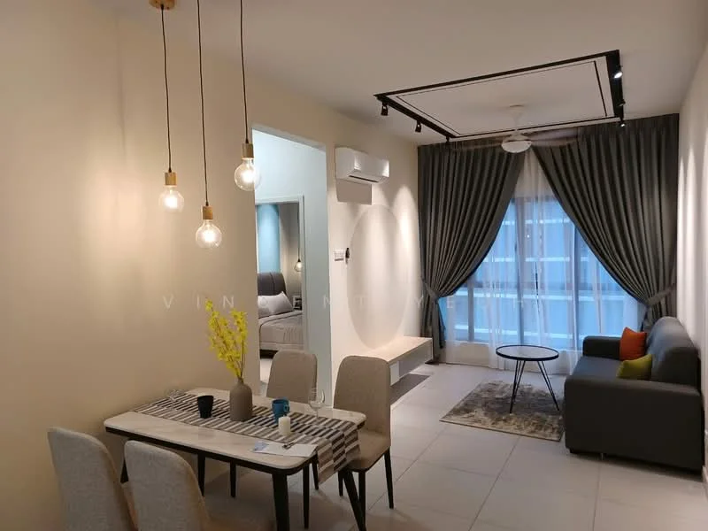 Living features: grey fabric sofa, coffee table, area rug with geometric pattern, 5-blade ceiling fan with light, floor-to-ceiling windows, sheer curtains, wall-mounted air conditioning unit, decorative wall art, light fixture with hanging bulbs; style: modern; view: city. Dining features: 6-seater dining table, upholstered dining chairs, table runner, decorative vase with flowers; style: modern.
