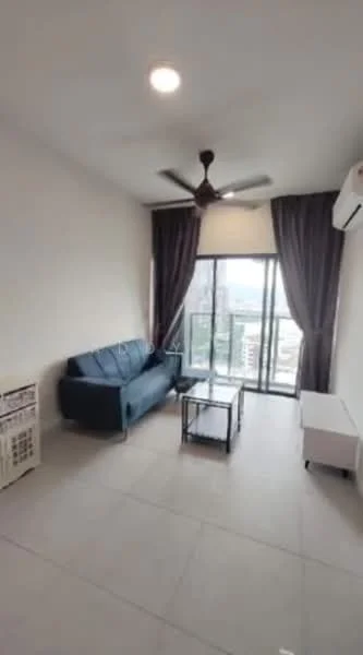 Living features: 3-seater fabric sofa in blue, glass coffee table, white side table, floor-to-ceiling windows, sliding glass door, curtains in dark grey, ceiling fan with light, tile flooring, air conditioning unit on wall; style: modern; view: city.