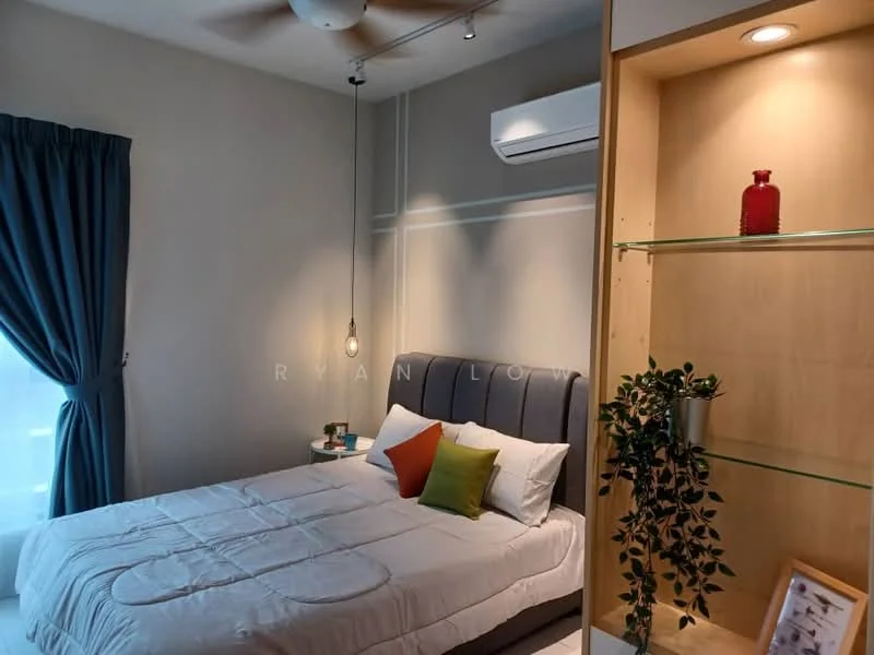 Bedroom features: king-size bed with grey upholstered headboard, white bedding with decorative pillows in green, orange, and white, nightstand with lamp, floor-to-ceiling window with sheer curtains, ceiling fan with light, built-in shelving unit, decorative plant on shelf, wall-mounted air conditioning unit, light grey painted walls, wooden flooring; style: modern.