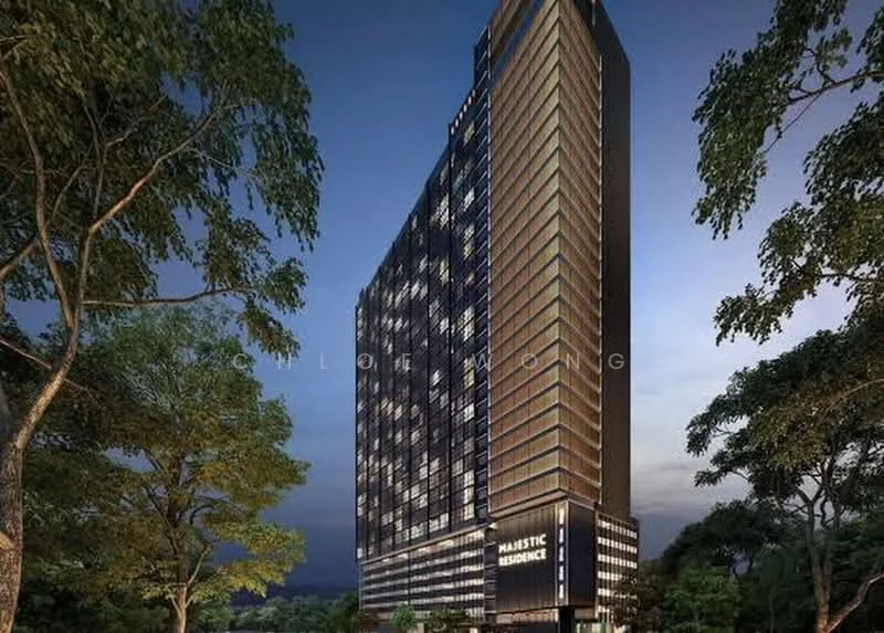Exterior type: high-rise condominium; features: glass curtain wall, exposed concrete facade, recessed balconies, feature lighting at night, approximately 20-storey high-rise, surrounded by mature greenery; style: modern.