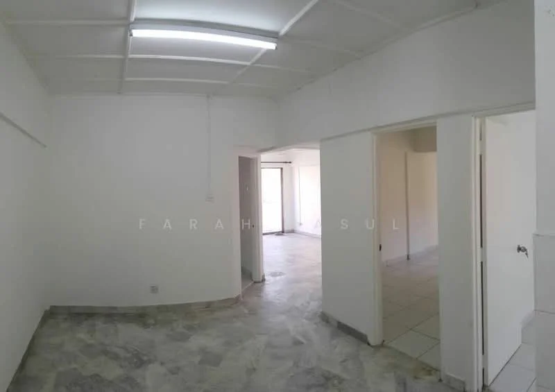 Room features: white painted walls, ceiling with fluorescent lighting, marble flooring, tile flooring, doorway leading to another room, large window for natural light, open layout, neutral color scheme; style: modern.