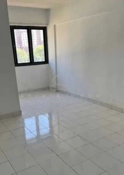 Room features: white painted walls, glossy white tile flooring, large window with black frame, natural light from window, no visible furniture, plain ceiling, neutral color scheme; style: minimalist; view: city.