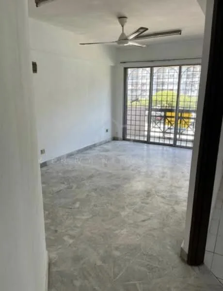 Room features: white painted walls, marble flooring, 5-blade ceiling fan, floor-to-ceiling windows, sliding glass door, balcony access, natural light, open layout; style: modern; view: city.