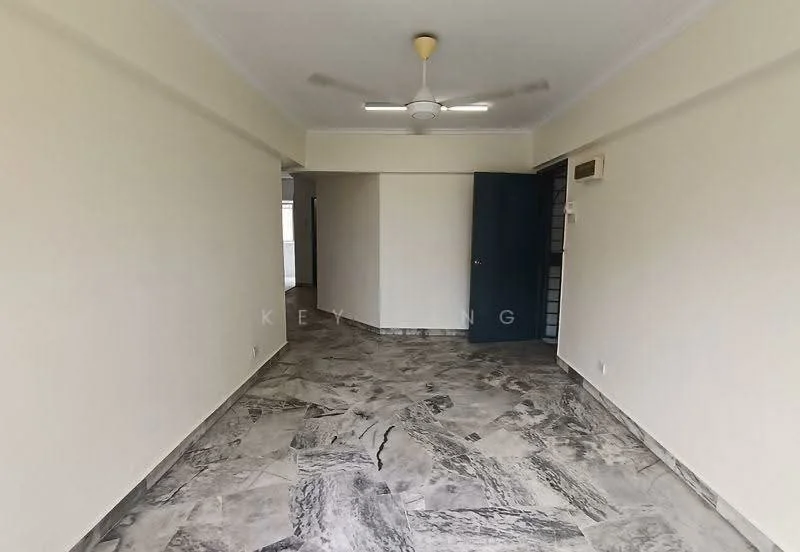 Living features: marble flooring, white painted walls, ceiling fan, air conditioning unit, door leading to another room, large windows, neutral color scheme, open layout; style: modern.