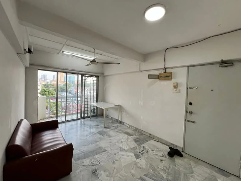 Living features: marble flooring, white painted walls, exposed ceiling with lights, 5-blade ceiling fan, sliding glass door, balcony access, brown leather sofa, table, door with security features; style: minimalist; view: city.