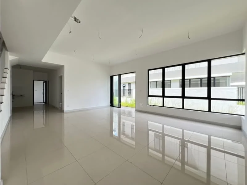Living features: white painted walls, polished ceramic tile flooring, floor-to-ceiling windows, natural light, high ceiling, recessed downlights, open layout, view of courtyard; style: modern; view: courtyard.