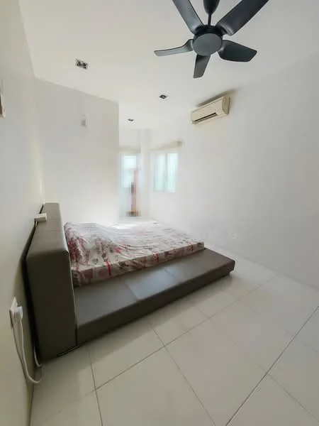 Bedroom features: queen-size bed with floral bedding, white painted walls, white tiled flooring, 5-blade ceiling fan, 1 wall-mounted split AC, floor-to-ceiling windows, natural light from windows, built-in headboard, minimalist decor; style: modern.