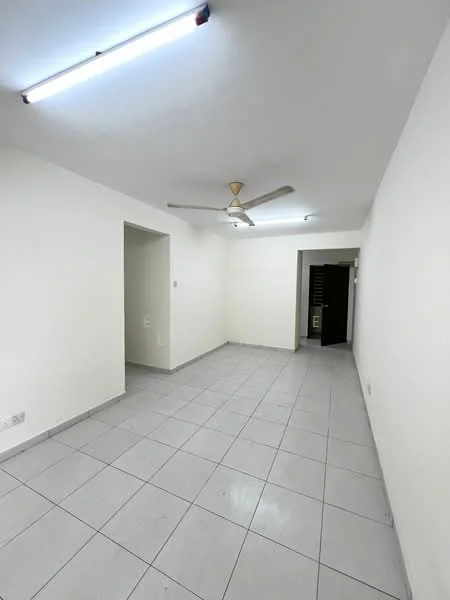 Room features: white painted walls, grey tiled flooring, ceiling fan, fluorescent ceiling lights, open layout, doorway leading to another room, doorway leading to entrance, no visible furniture; style: modern.