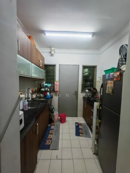 Kitchen features: brown wooden cabinetry, stainless-steel sink, chrome pull-down faucet, black refrigerator, built-in microwave, ceramic tile flooring, white walls, recessed ceiling lights, window with green view, countertop with space for appliances, kitchen mats, door to hallway; style: modern.