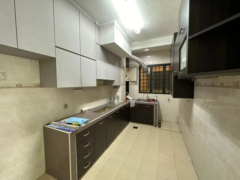 Kitchen features: grey laminate upper cabinets, dark brown laminate lower cabinets, stainless-steel sink, chrome pull-down faucet, white tiled backsplash, ceramic tile flooring, wall-mounted exhaust hood, built-in oven, countertop space, window with black metal grille, light fixture, plumbing visible, kitchen countertop, open shelving, wall-mounted cabinets; style: modern.