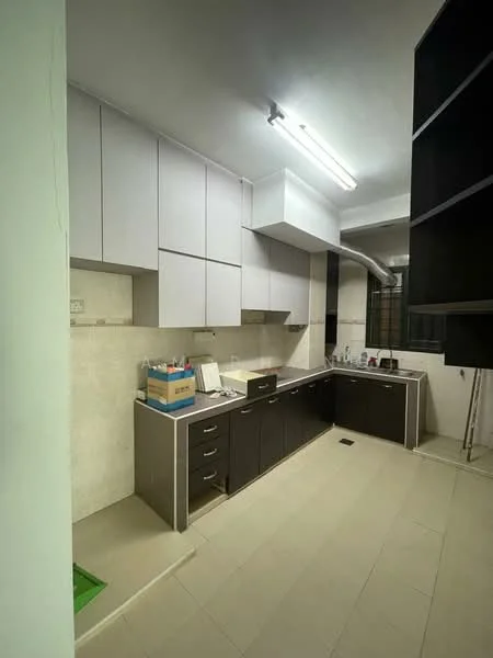 Kitchen features: white cabinetry, dark wood lower cabinets, stainless-steel sink, chrome faucet, built-in oven, extractor hood, countertop with grey surface, tile backsplash, light-colored tile flooring, fluorescent ceiling lights, open shelving, window with metal grille; style: modern.