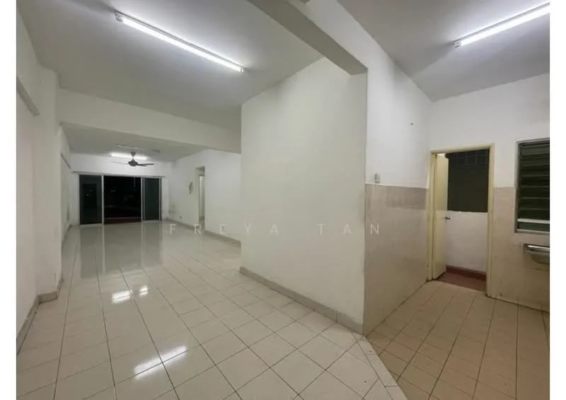 Room features: white painted walls, cream tiled flooring, ceiling with fluorescent lighting, sliding glass door, floor-to-ceiling windows, wall-mounted ceiling fan, doorway leading to another room, open layout; style: modern; view: garden.