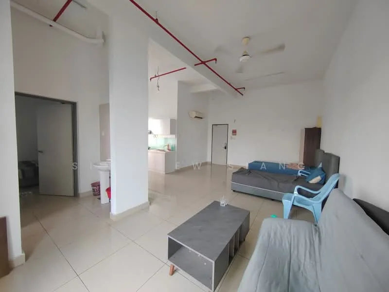 Living features: white painted walls, polished ceramic tile flooring, 5-blade ceiling fan, sofa in grey fabric, coffee table with grey top, blue plastic chair, open layout, natural light from windows; style: modern. Room features: white painted walls, polished ceramic tile flooring, kitchen area visible, air conditioning unit on wall.